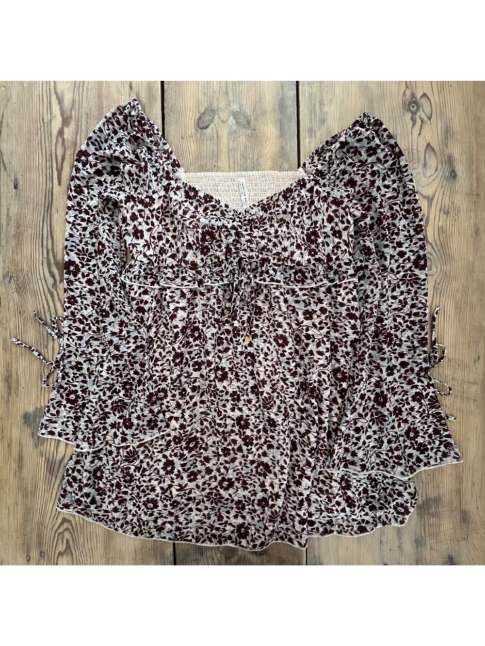 American Eagle Outfitters Babydoll Dress Womens L Brown  Print Chiffon Ruched - Picture 4 of 8